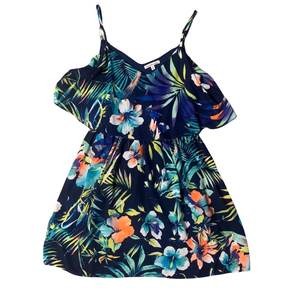 Charlotte Russe Sz Med Navy blue floral ruffle top spaghetti strap summer dress.